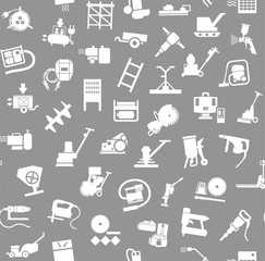 Construction equipment and tools, seamless background, grey. Vector background with images of equipment for construction and repair. White, flat pictures on a gray field. 