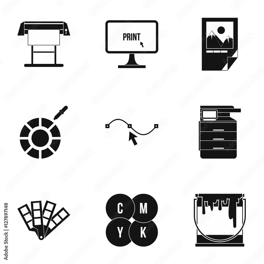 Poster printing in polygraphy icons set. simple illustration of 9 printing in polygraphy vector icons for w