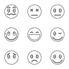 Types of emoticons icons set. Outline illustration of 9 types of emoticons vector icons for web