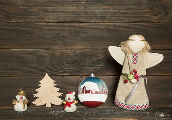 Christmas decoration: snowman, christmas tree, toy, angel