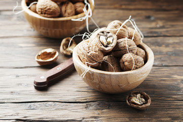 Healthy walnuts on the wooden table