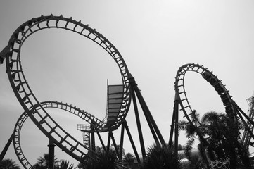 blurred Roller coaster ride in amusement park at evening