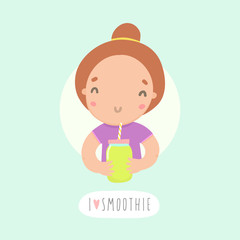 Cute funny girl with smoothie jar.