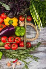 Set of raw vegetables in the wooden tray