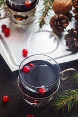 Cranberry drink on Christmas background, selective focus