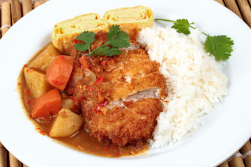 Close up rice with fried pork,omelet roll,yellow curry .