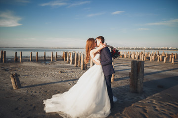 Elegant stylish happy wedding couple, bride, gorgeous groom on the background of sea and sky