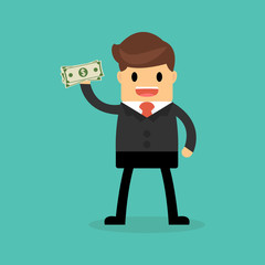 Businessman holding dollar. Funding, bribe, donation, payday con