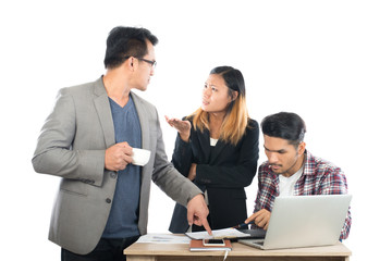 Obraz premium Portrait of business partners discussing documents and ideas at