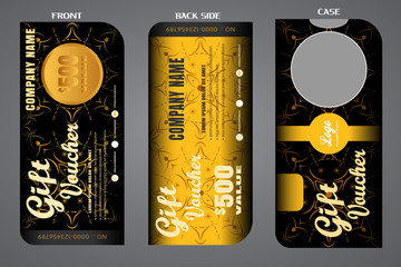 Set of vector blank gift voucher with case to increase sales with pattern on a black and gold background.