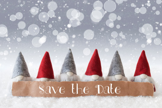 Gnomes, Silver Background, Bokeh, Snowflakes, English Text Save The Date