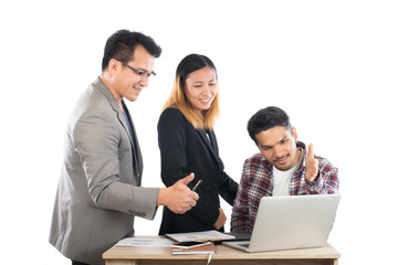 Portrait of business partners discussing documents and ideas at