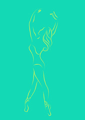 Abstract ballerina line art yellow on green background | poster and backdrop design concept