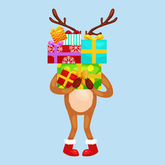 christmas deer with banner isolated, happy winter xmas holiday animal greeting card, santa helper reindeer vector illustration