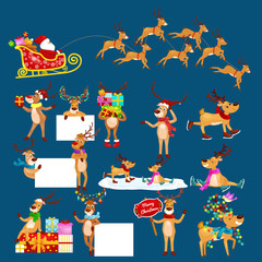 christmas set of deer with banner isolated, happy winter xmas holiday animal greeting card, santa helper reindeer vector illustration, Santa in his Christmas sled being pulled by reindeer
