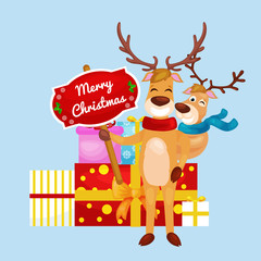 christmas set of deer with banner isolated, happy winter xmas holiday animal greeting card, santa helper reindeer vector illustration