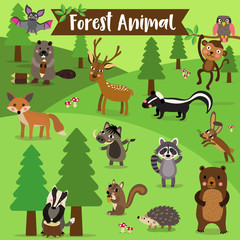 Forest Animal cartoon. Bat. Owl. Fox. Deer. Bear. Raccoon. Monkey. Squirrel. Hedgehog. Skunk. Warthog. Beaver. Hare. Badger. Vector illustration.