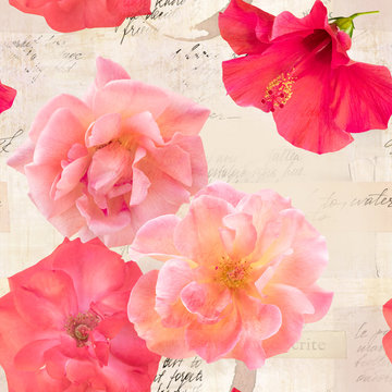 Seamless pattern with blooming roses on old ephemera