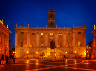 Fototapeta premium Campidoglio square, Capitoline hill in Rome at night, Italy, toned