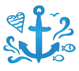 Vector illustration of a symbol sea anchor and waves