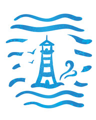 Vector illustration of a sketch of striped lighthouse and sea waves