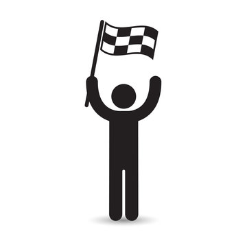 Man with flag icon. Man holding checkered flag. Vector isolated illustration.