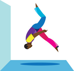 urban acrobat performs on the roof of a back flip