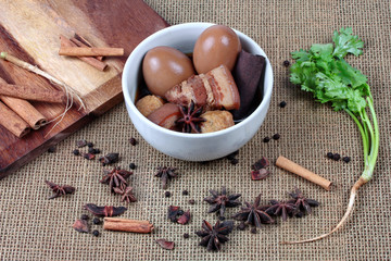 Stewed boiled egg with tofu and streaky pork ,call Khai Palo in