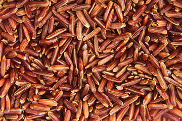 Red rice close-up background. Heap wild brown unpolished rice for vegetarians.