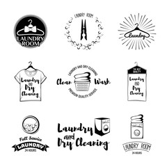 vector set of laundry logos, emblems and design elements. laundry set washing machine, t-shirt, basket with dirty clothes, dry cleaning, hanger, iron, laundry room, washer.