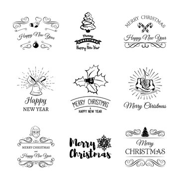 Hand Drawn Christmas And New Year Decoration Set Of Calligraphic And Typographic Design With Labels, Symbols Icons Elements. Christmas tree, santa claus, glass of champagne, ball
