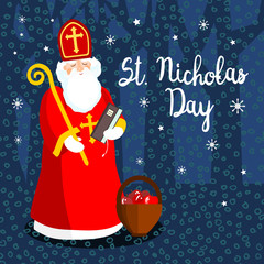 Saint Nicholas in the night, vector greeting card