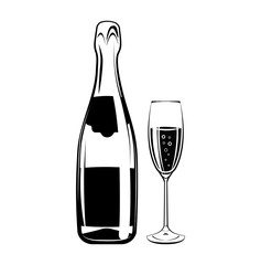champagne bottle and glass, Alcohol Drink Vintage vector Elements. Isolated On White