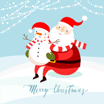 Santa Claus and a snowman, Christmas greeting card, vector illustration