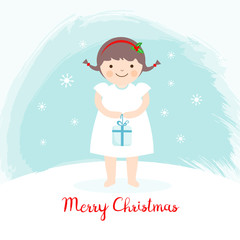 Obraz na płótnie Canvas Little girl with a Christmas present. Christmas greeting card, vector illustration