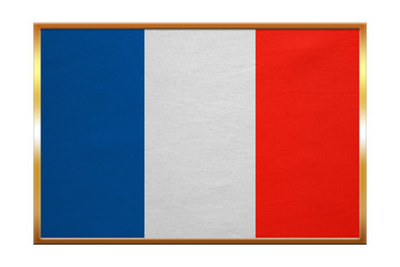 Flag of France , golden frame, fabric texture