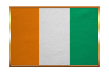 Flag of Ivory Coast , golden frame, fabric texture