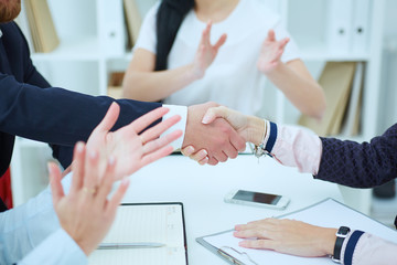 Male and female handshake in office. Serious business and partnership concept. Partners made deal,...
