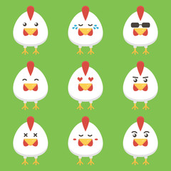 Flat design rooster or chicken cartoon character set, collection with different face emotions, emoji. Symbol of the year 2017.
