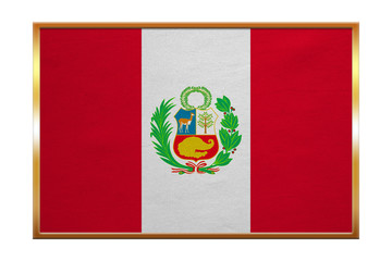 Flag of Peru , golden frame, fabric texture
