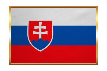 Flag of Slovakia , golden frame, fabric texture