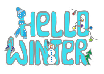 Hello winter greeting card lettering isolated