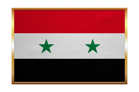 Flag of Syria , golden frame, fabric texture
