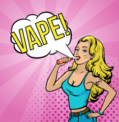Girl smoking electronic cigarette pop-art poster. Beautiful girl with vaporizer. Vapor shop banner, concept. Vector illustration