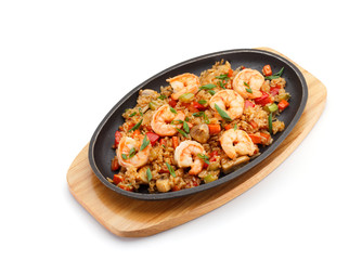 Japanese cuisine. Rice with vegetables and shrimp isolated on white background.