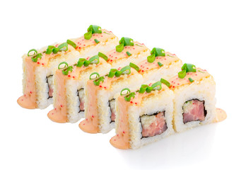 Japanese cuisine. Tuna roll isolated on white background.