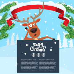 Reindeer cartoon showing or holding blank billboard.