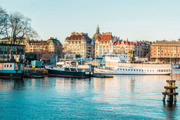 Fototapeta na wymiar Boats and Buildings of Stockholm, Sweden