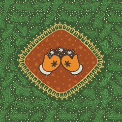 Christmas and New Year vintage ornate frame with mittens symbol