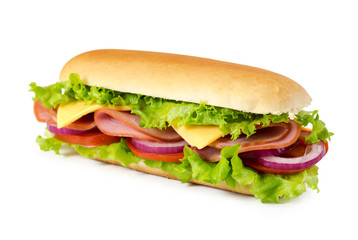 Sandwich with ham, tomato, cheese, onion and lettuce